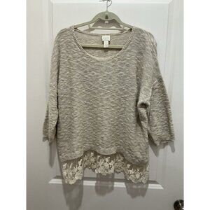 Chicos Sweater Size 3 (XL) Women's Beige Lace Trim At Bottom Minimalist